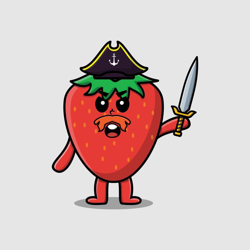 pirata de morango bonito dos desenhos animados segurando a espada vetor