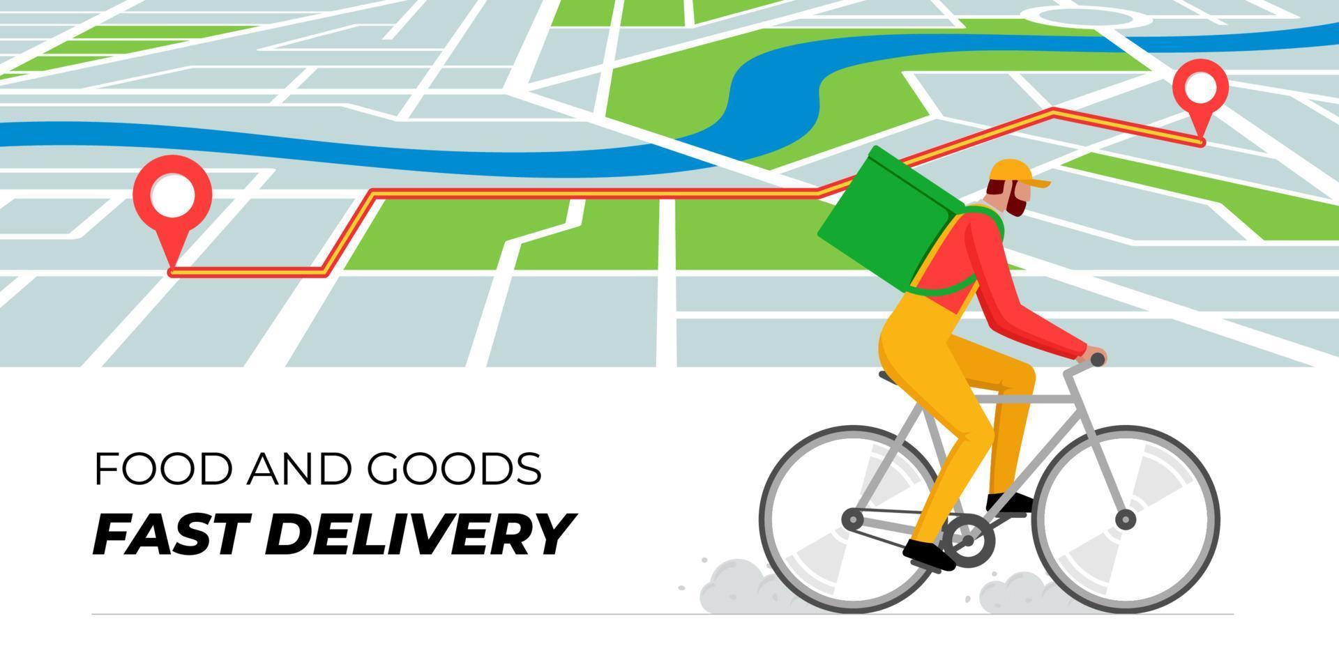 modelo de design de banner de serviço de pedidos de entrega de bicicleta. rota com pinos de localização de geotag no mapa da cidade e correio de transporte rápido em bicicleta com mochila. ilustração vetorial de pedido on-line de alimentos e mercadorias vetor