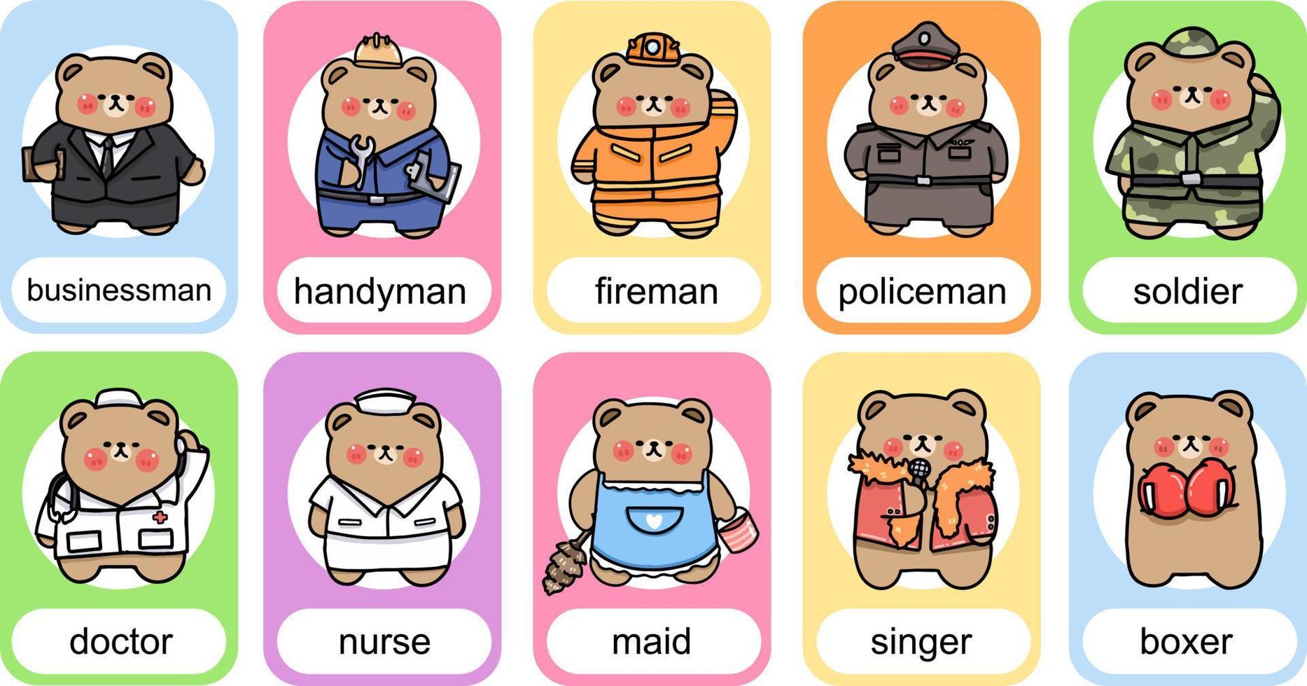 conjunto de ocupação de profissão de urso de personagem de desenho animado, empresário, faz-tudo, bombeiro, policial, soldado, enfermeira, médico, empregada doméstica, cantor, boxer, cartão de vocabulário para crianças vetor