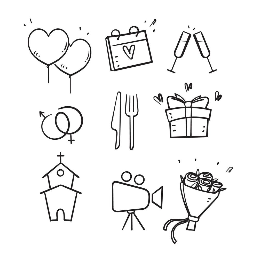 vetor de ilustração de coleção de ícone de casamento doodle desenhado à mão