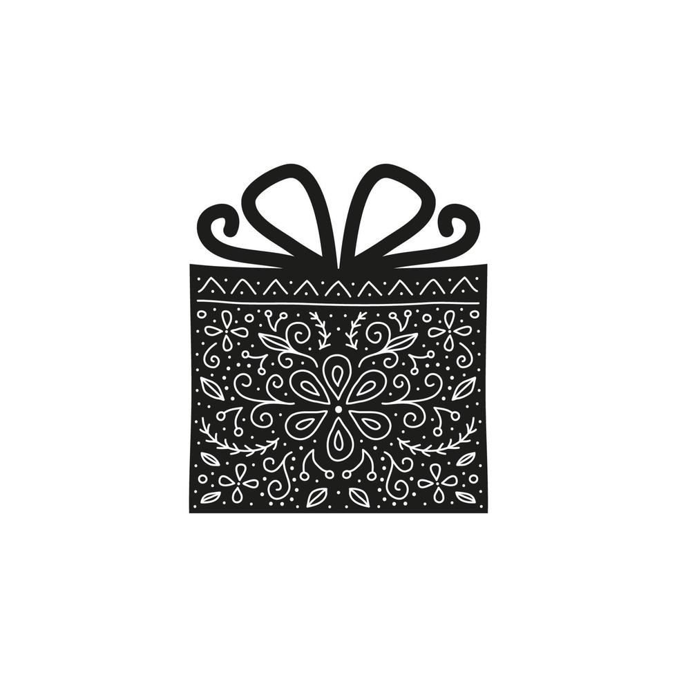 doodle caixa de presente preta com ornamento em estilo de arte popular escandinavo isolado no fundo branco. vetor