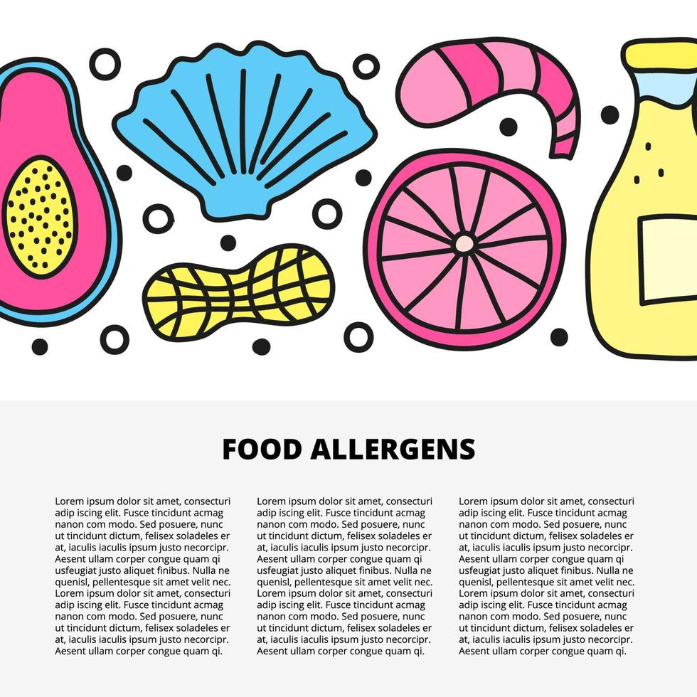 modelo de artigo com espaço para alérgenos alimentares de texto e doodle. vetor
