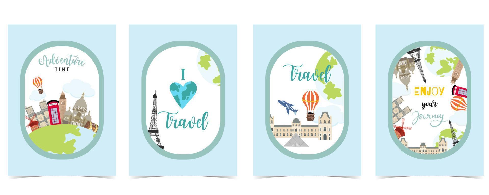 cartão de viagem com bagagem, avião, ônibus e mundo vetor