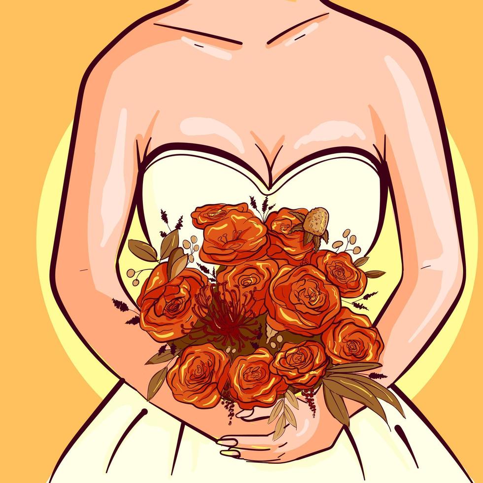 ilustração em vetor de uma noiva em um vestido branco, segurando um buquê de flores boêmio. mãos de uma mulher casada com decorações florais. design para cartões, cartazes e convites.