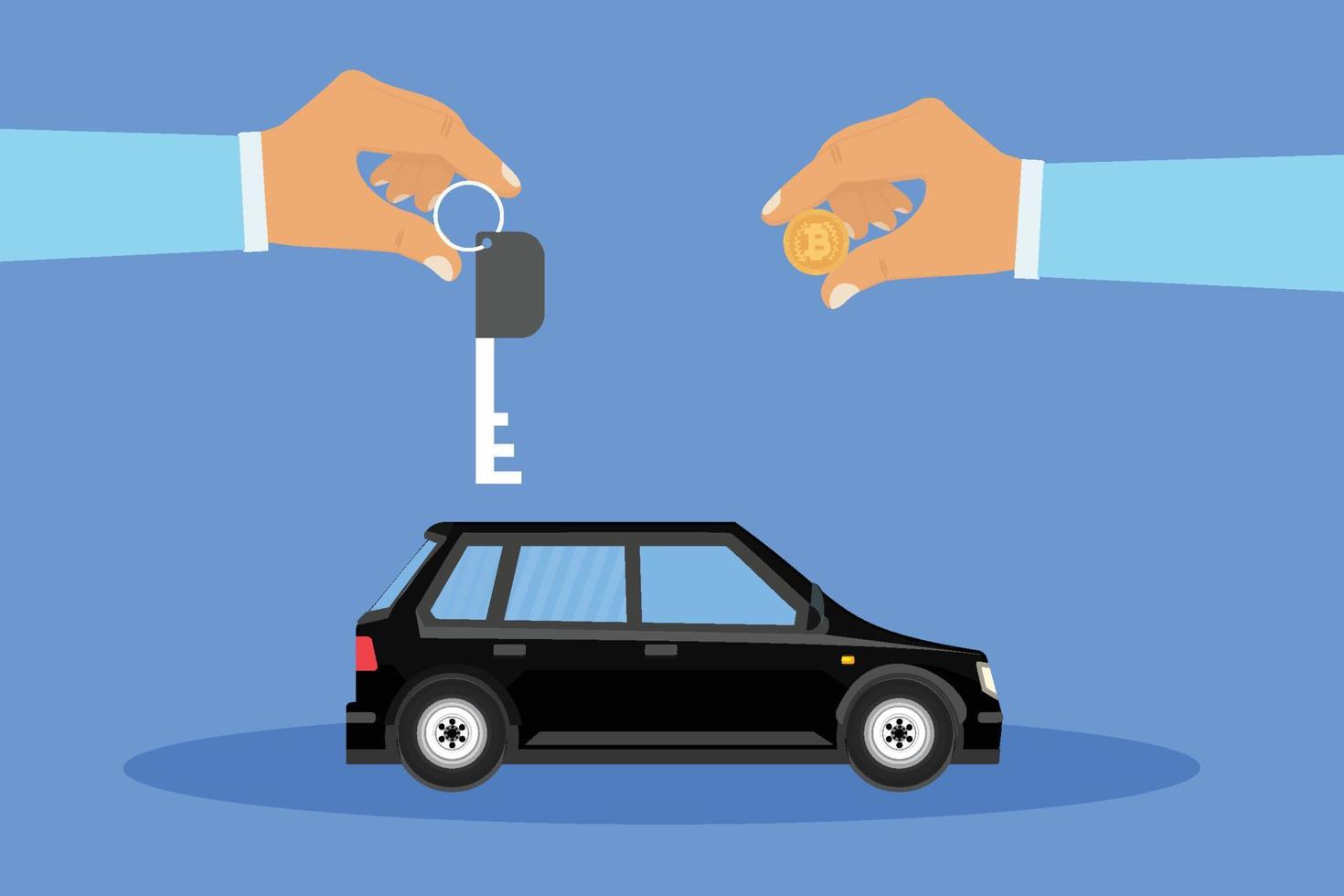 comprando um carro com o conceito de bitcoin com um vetor de chave de carro. carro preto trocando com bitcoin e ilustração de duas mãos humanas. conceito de compra e venda de carro com design vetorial de criptomoeda.
