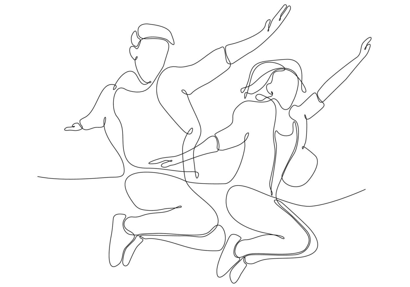desenho de linha contínua de casal pulando feliz vetor