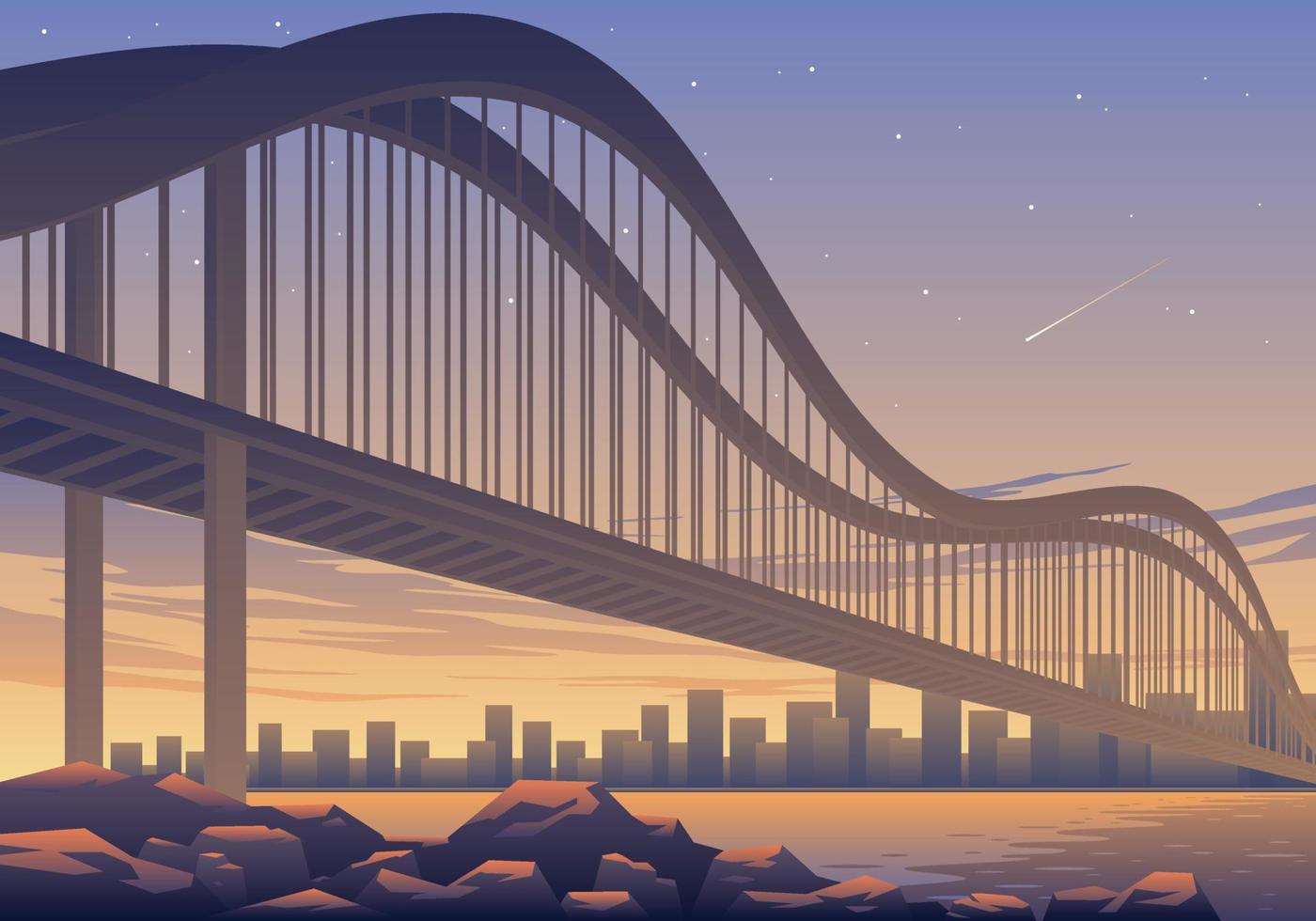 bela ponte na ilustração da paisagem do pôr do sol vetor