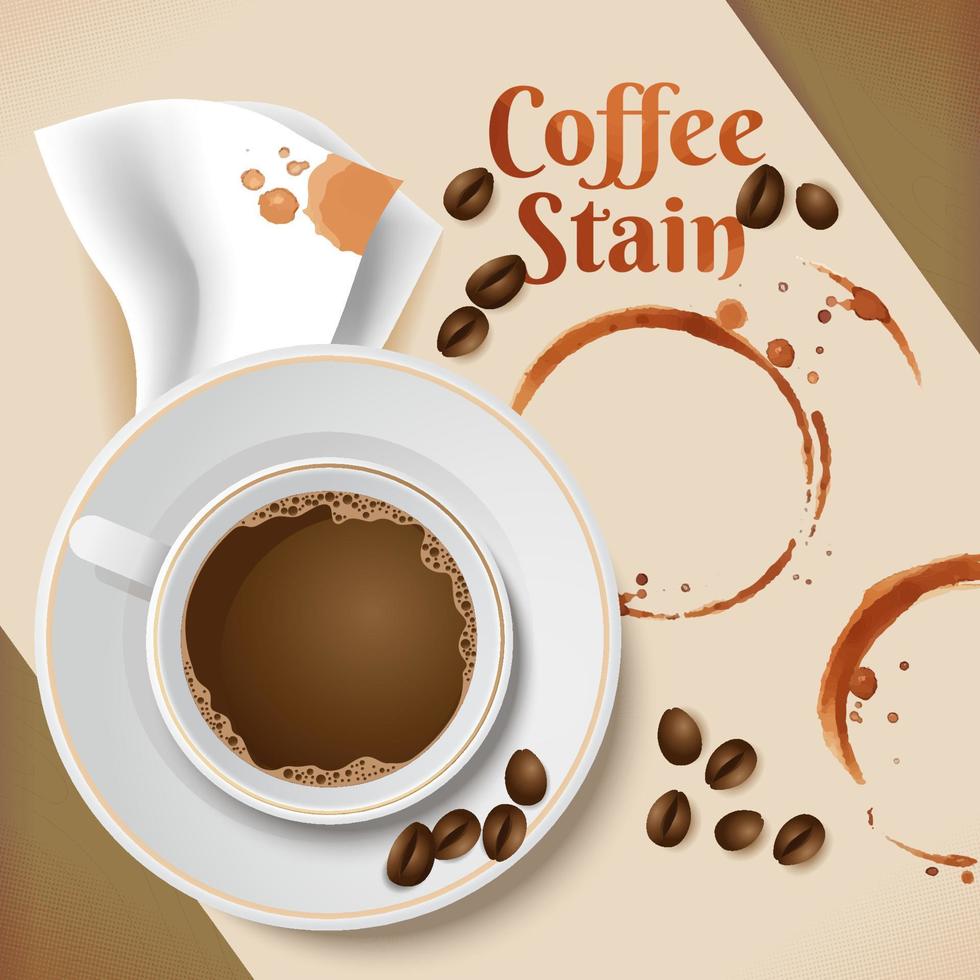 mancha de café e grãos de café em uma xícara vetor