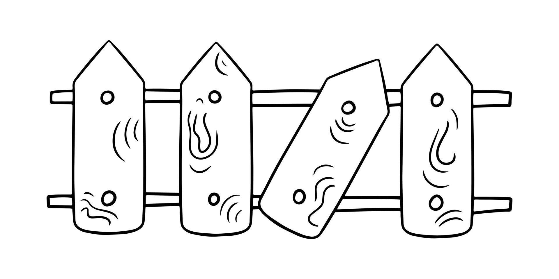 imagem monocromática, cerca de madeira com uma parte quebrada, ilustração vetorial em estilo cartoon em um fundo branco vetor