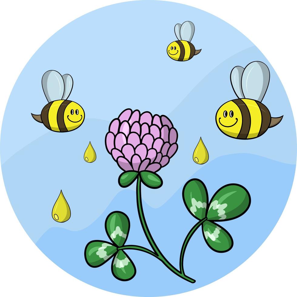 abelhinhas coletam néctar da flor de trevo rosa, cartão postal redondo, vetor de estilo cartoon em fundo colorido