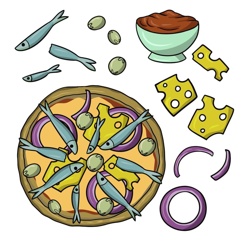 pizza com peixe, um conjunto de ícones para criar pizza com anchovas, ilustração vetorial em estilo cartoon em um fundo branco vetor
