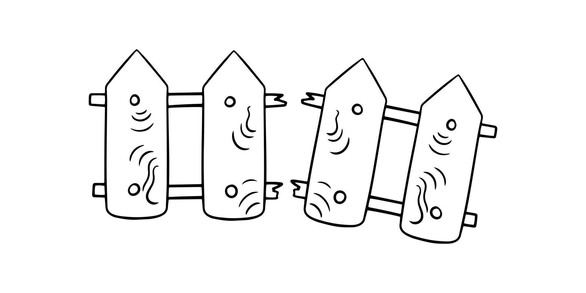 imagem monocromática, cerca baixa de madeira quebrada, ilustração vetorial em estilo cartoon sobre fundo branco vetor