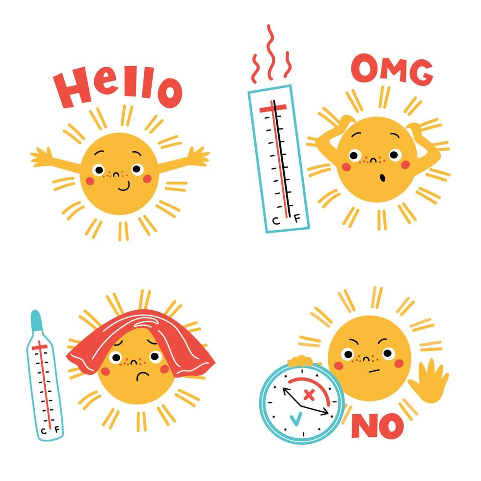 ícones de personagem de sol de calor extremo. ilustrações desenhadas à mão. vetor