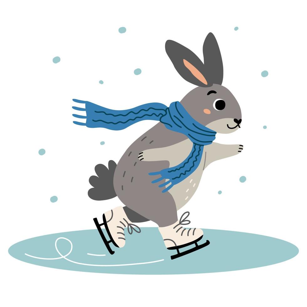 coelhinho fofo patinação no gelo. ilustração em vetor de coelho de inverno.