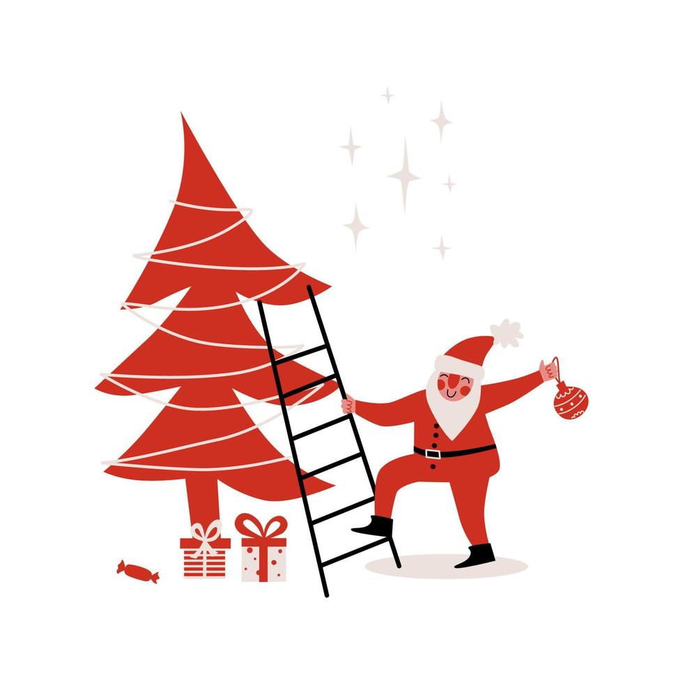 papai noel decorando a ilustração em vetor bonito da árvore de natal.