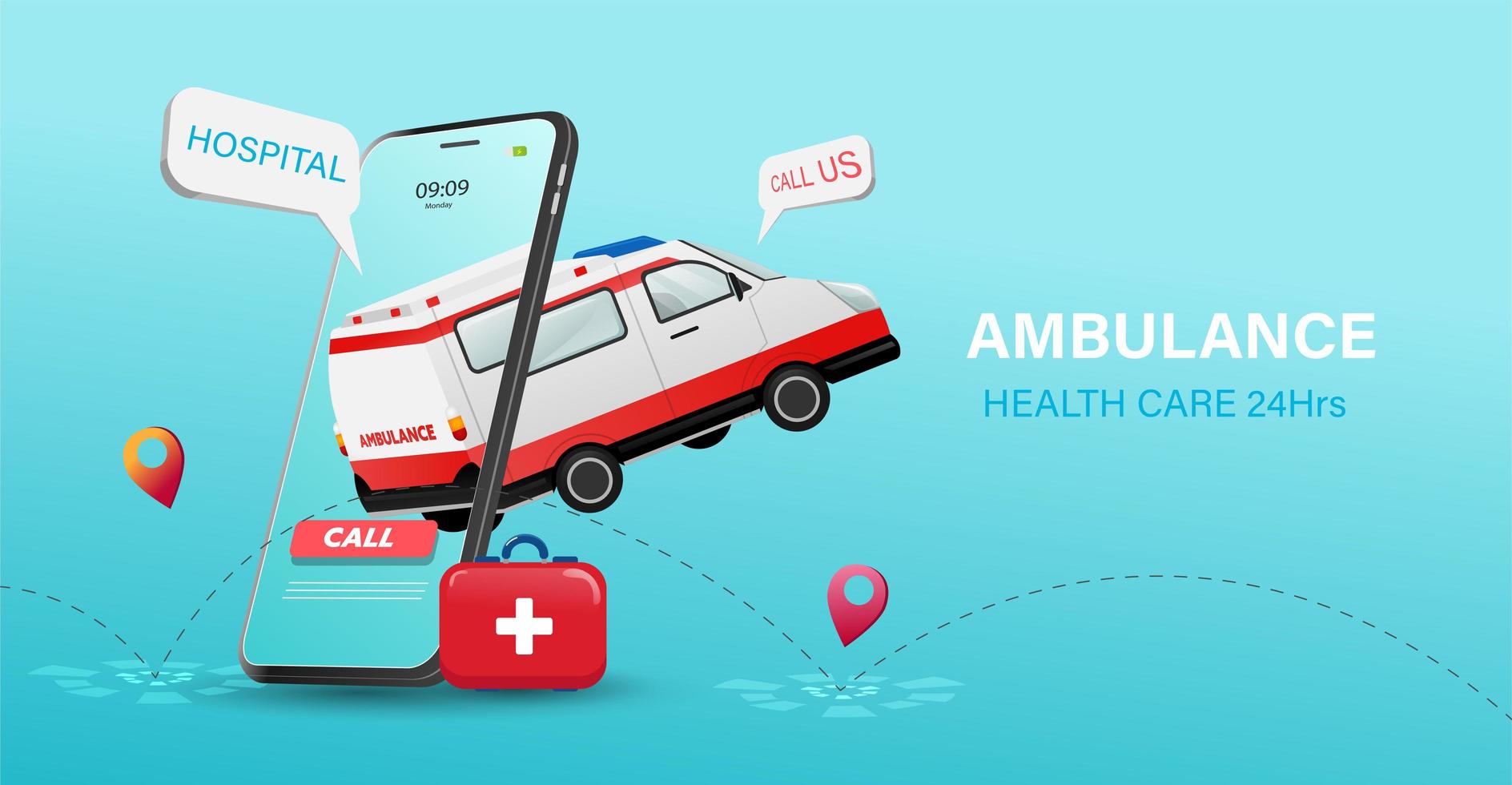 Cartaz de cuidados de saúde 24 horas com ambulância e telefone vetor