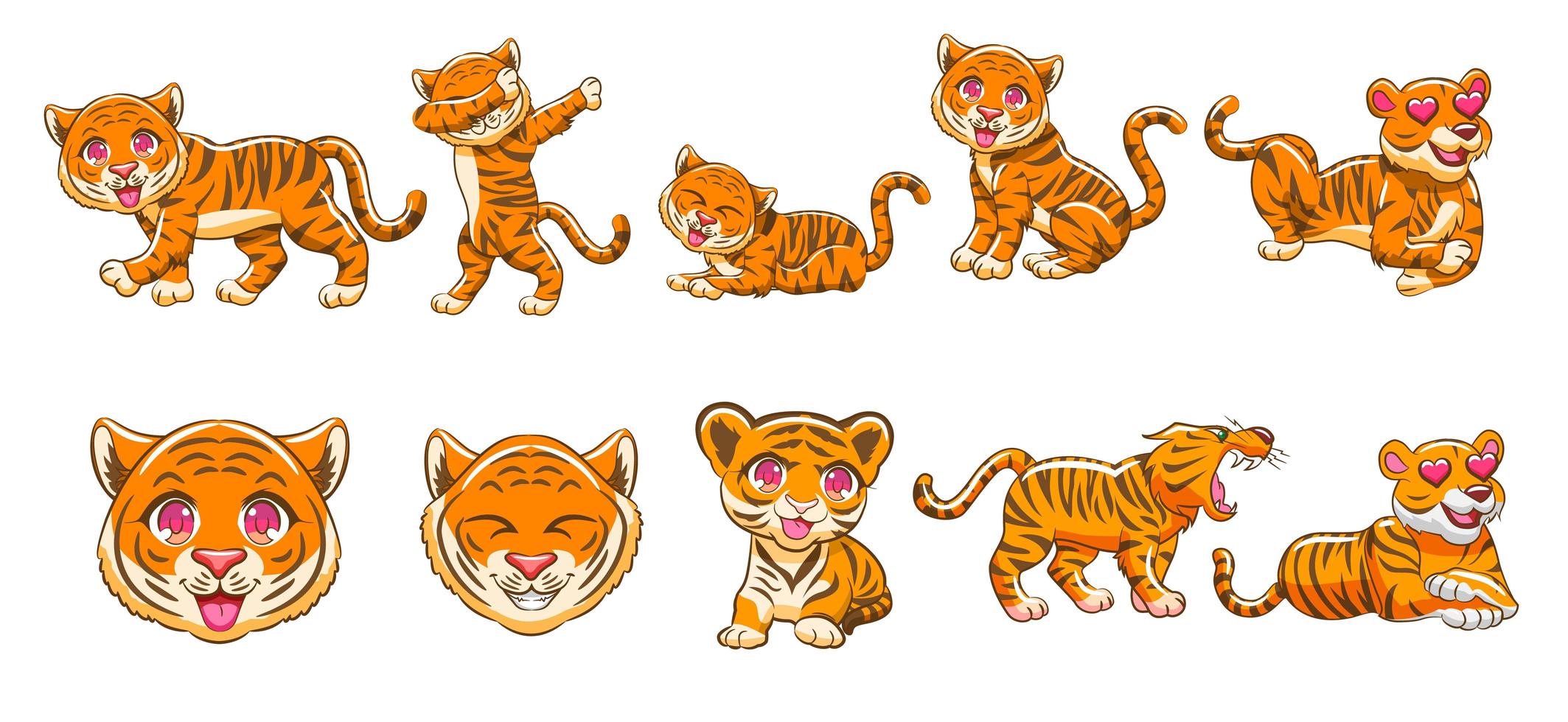 conjunto de desenhos animados de tigre kawaii vetor