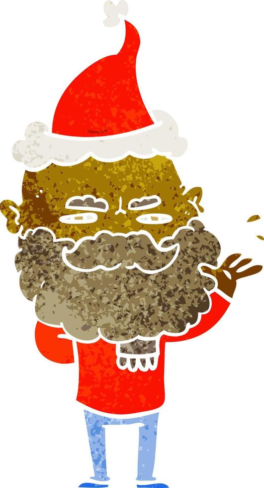 desenho retrô de um homem desdenhoso com barba carrancuda usando chapéu de papai noel vetor