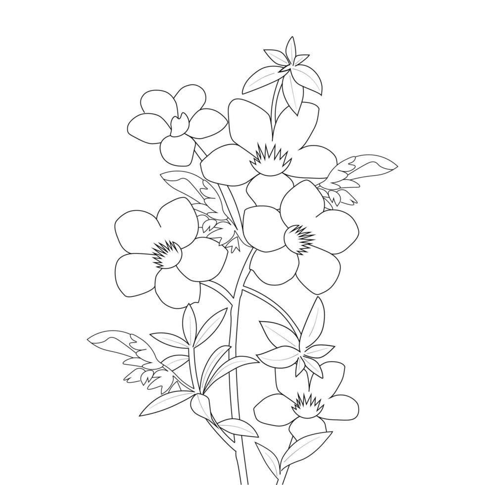 arte de linha de página de coloração de flor allamanda com ilustração de pétalas e folhas florescendo vetor