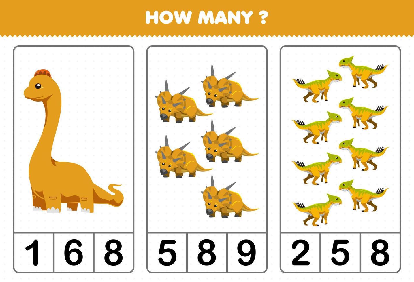 jogo de educação para crianças contando quantos dinossauros amarelos pré-históricos bonitos dos desenhos animados vetor