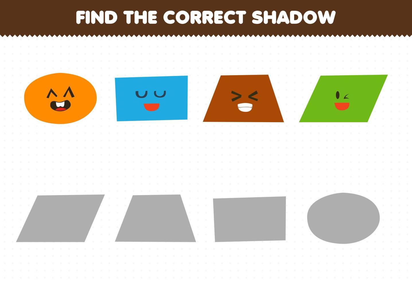 jogo de educação para crianças encontrar o conjunto de sombra correto de forma geométrica de desenho animado oval retângulo trapézio paralelogramo vetor