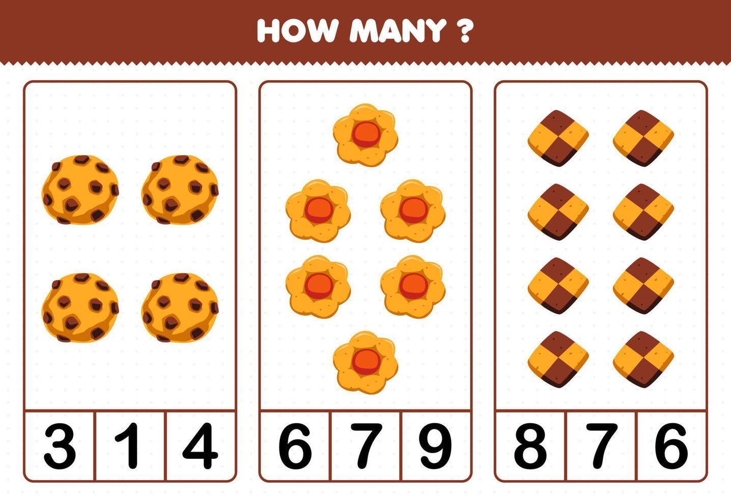 jogo de educação para crianças contando quantos biscoitos de biscoito de comida de desenho animado vetor