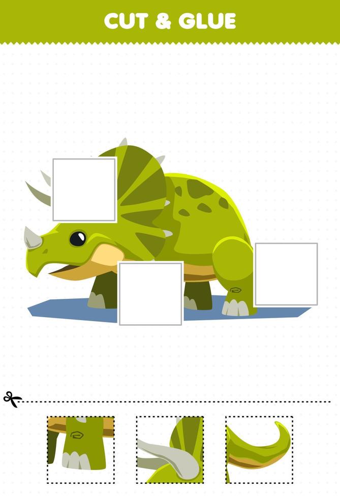 jogo de educação para crianças cortar e colar partes cortadas de triceratops de dinossauro pré-histórico bonito dos desenhos animados e colá-los planilha imprimível vetor