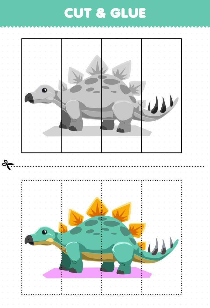 jogo de educação para crianças cortado e colado com estegossauro de dinossauro pré-histórico bonito dos desenhos animados vetor