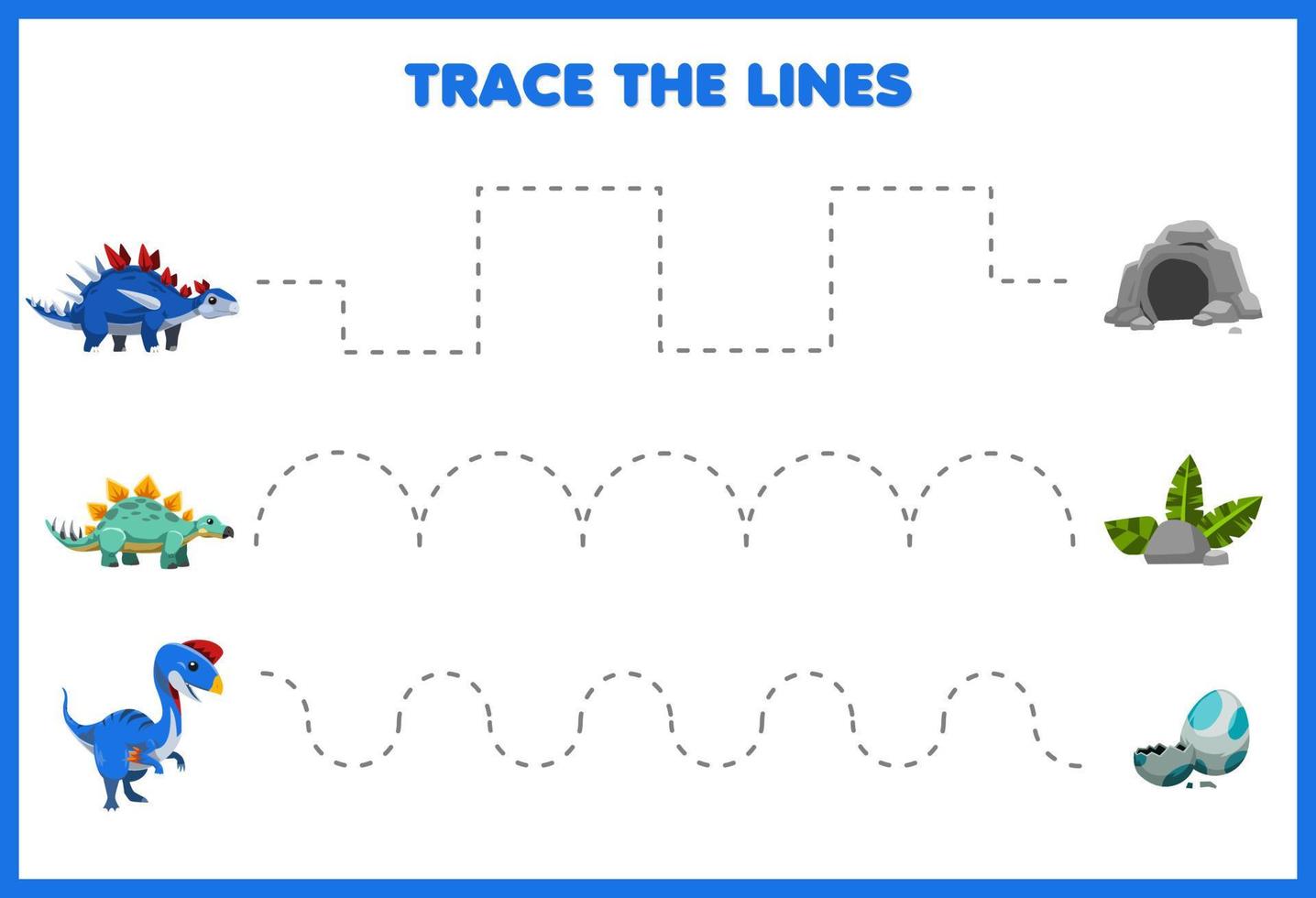 jogo de educação para crianças prática de caligrafia traçar as linhas mover bonito desenho animado dinossauro azul pré-histórico vetor