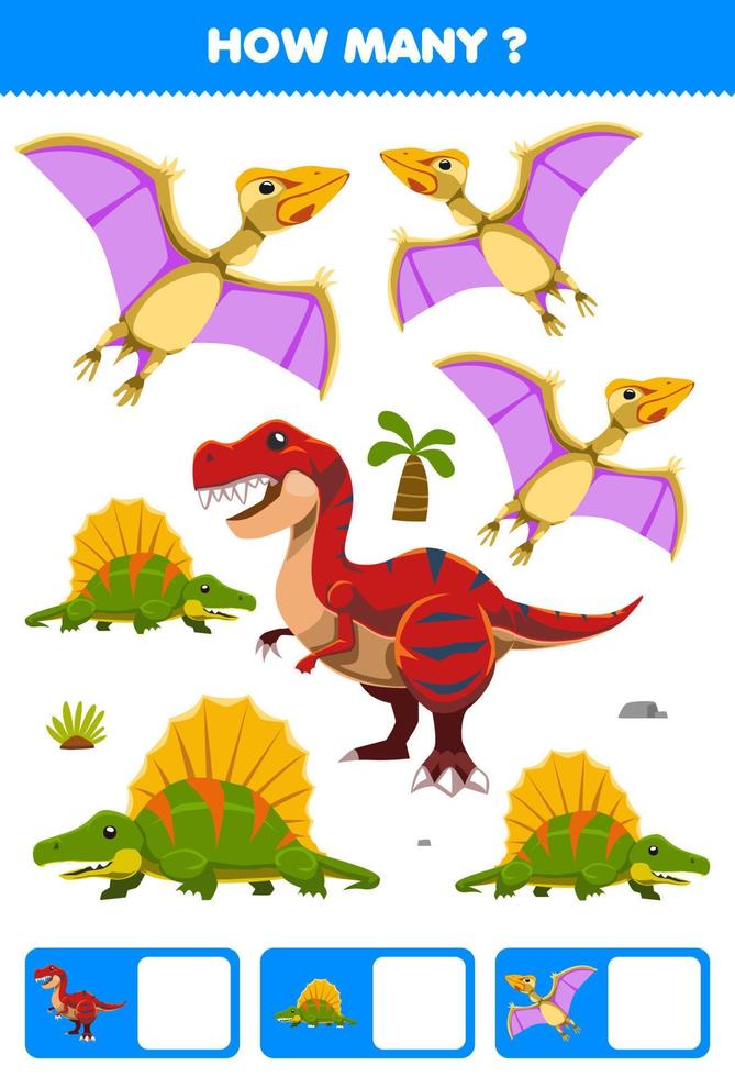 Jogo de educação para crianças contar as fotos e colorir o número correto  da planilha de dinossauro pré-histórico imprimível do velociraptor bonito  dos desenhos animados