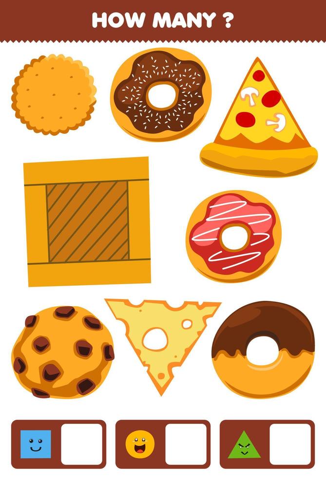 jogo de educação para crianças pesquisando e contando quantos objetos como forma geométrica círculo quadrado triângulo desenhos animados biscoito biscoito queijo pizza rosquinha caixa de madeira vetor
