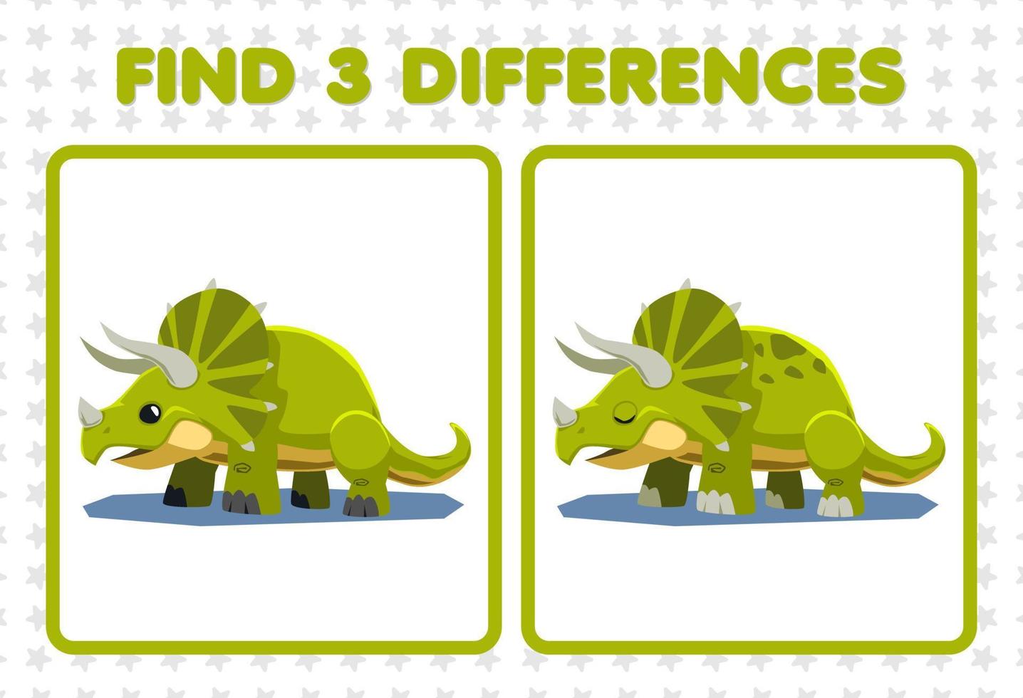 jogo de educação para crianças encontrar três diferenças entre dois triceratops de dinossauros pré-históricos fofos vetor