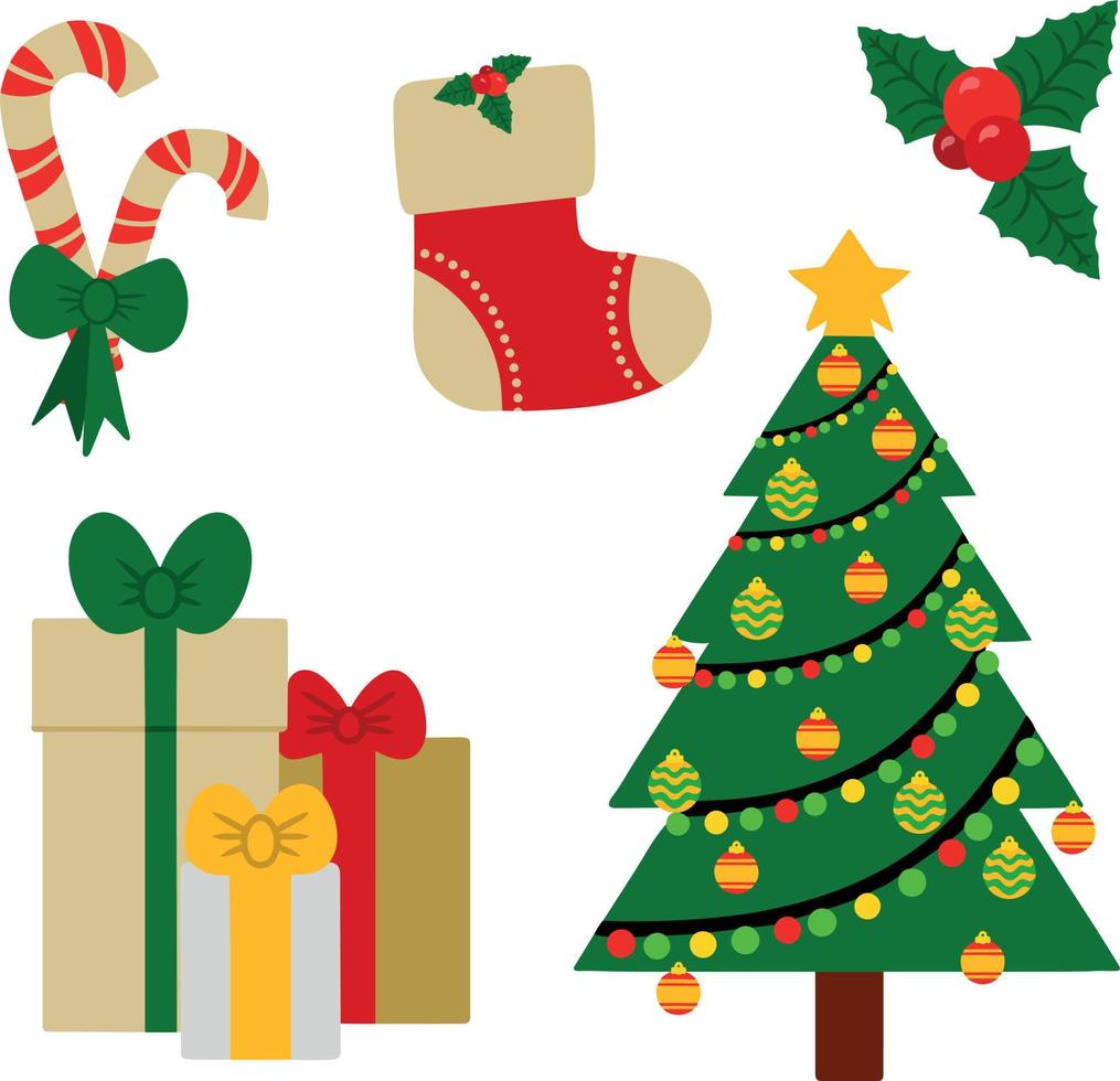 coleção de atributos de ano novo e natal de clip-art. bastões de menta meia festiva visco presentes árvore de natal com brinquedos e guirlandas. conjunto isolado no fundo branco. ilustração vetorial vetor