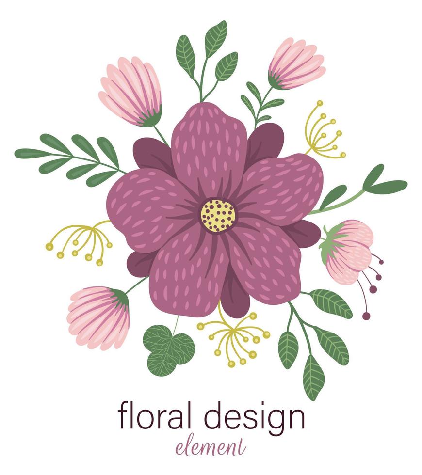 elemento decorativo redondo floral de vetor. ilustração plana na moda com flores, folhas, galhos. prado, floresta, clipart de floresta. lindo buquê de primavera ou verão isolado no fundo branco vetor