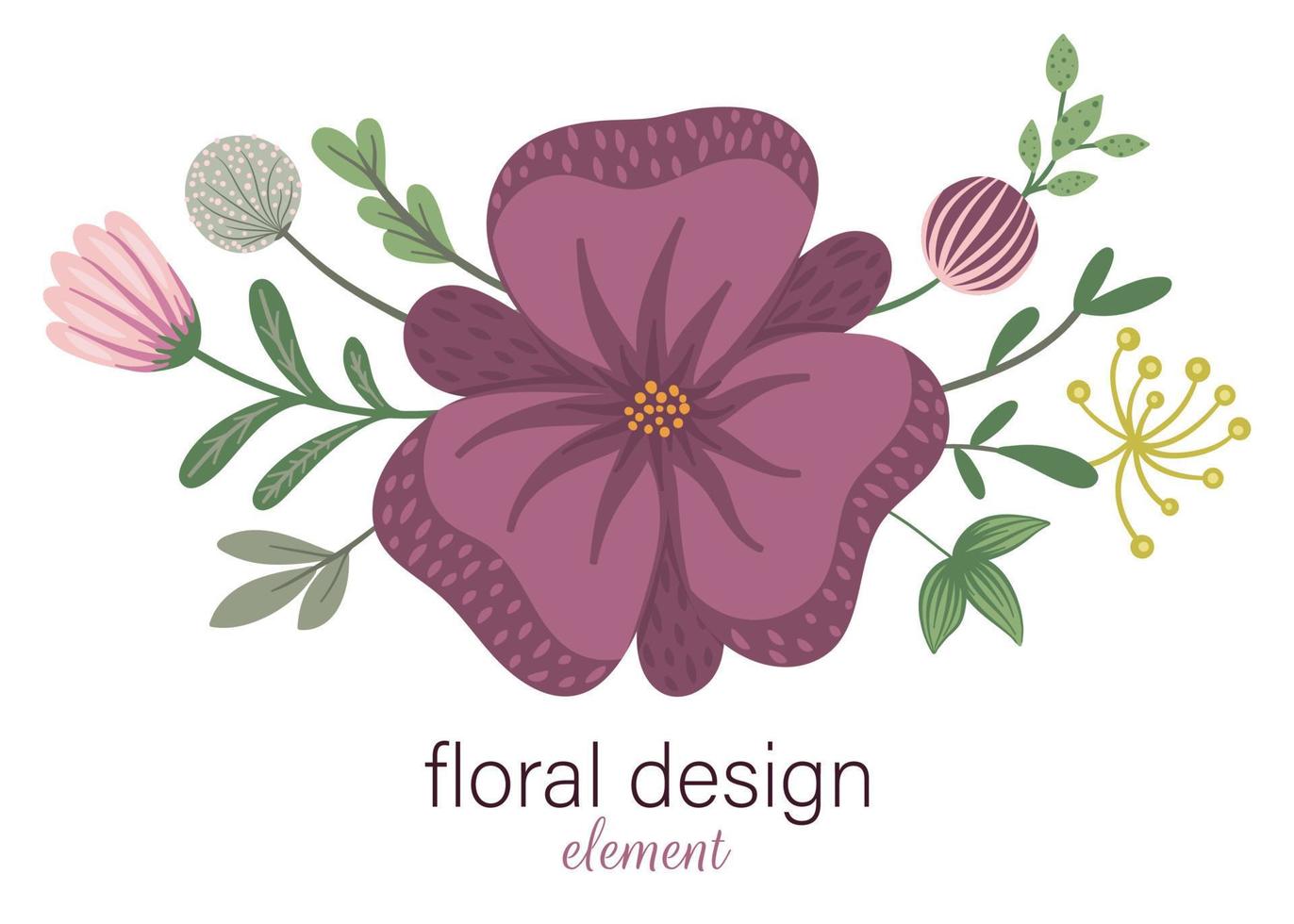 elemento decorativo horizontal floral de vetor. ilustração plana na moda com flores, folhas, galhos. prado, floresta, clipart de floresta. lindo buquê de primavera ou verão isolado no fundo branco vetor