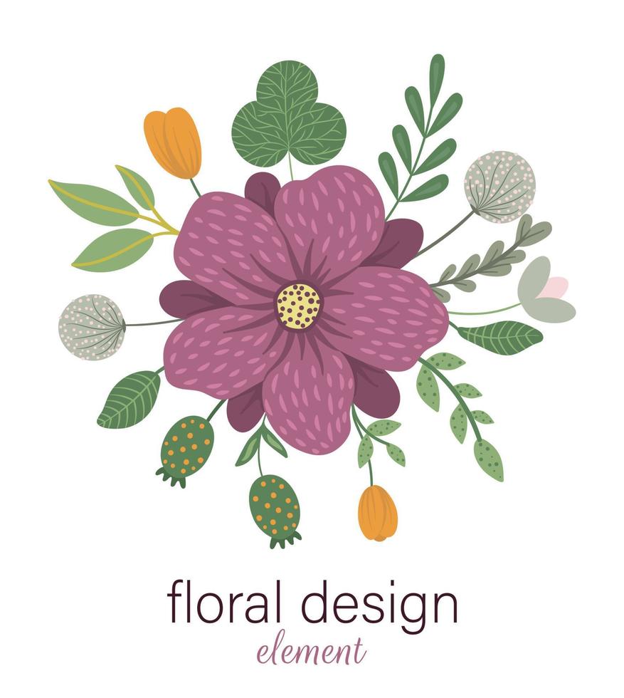 elemento decorativo redondo floral de vetor. ilustração plana na moda com flores, folhas, galhos. prado, floresta, clipart de floresta. lindo buquê de primavera ou verão isolado no fundo branco vetor