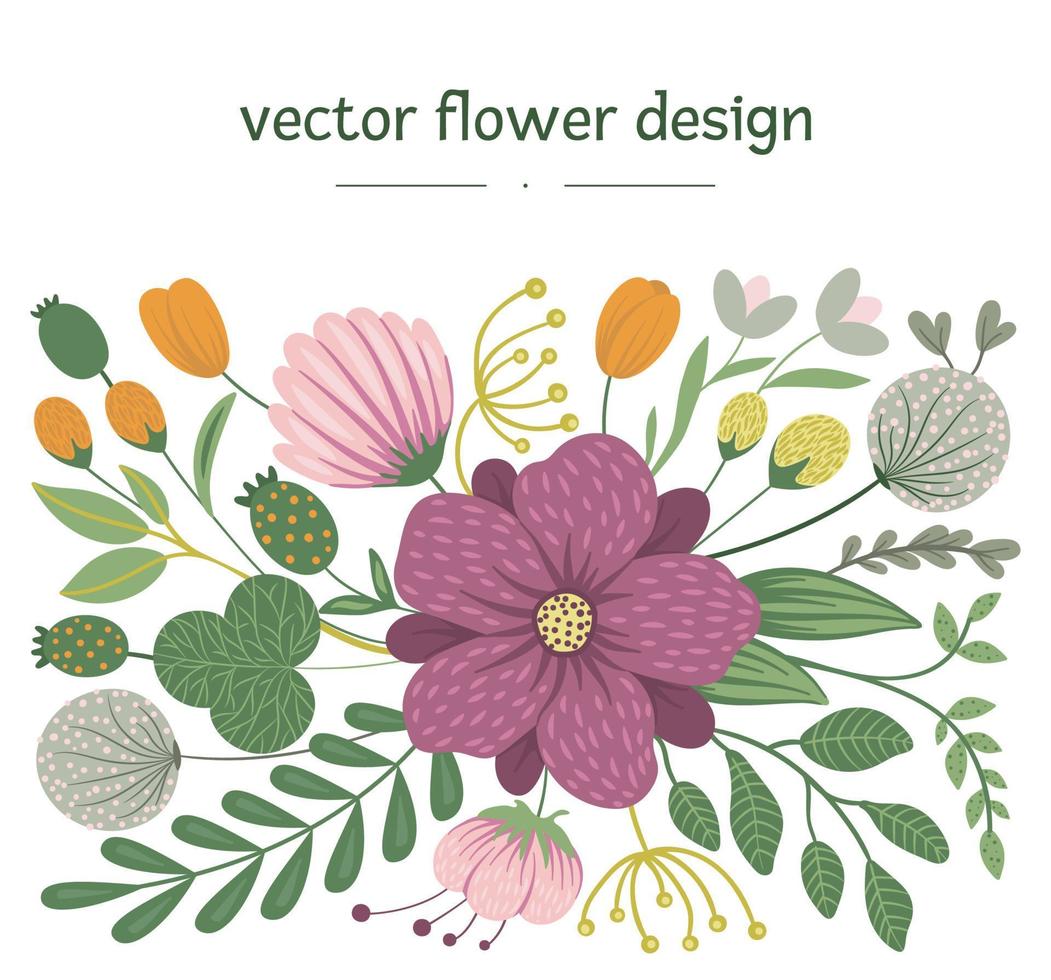 fundo floral de vetor. ilustração plana na moda com flores, folhas, galhos. prado, floresta, clipart de floresta. design moderno plano vetor