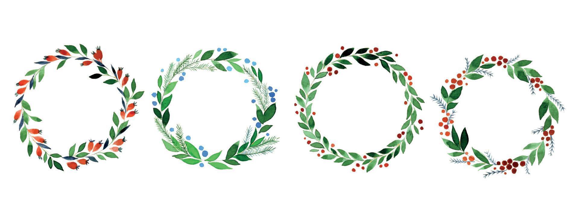 desenho em aquarela, conjunto de guirlandas de natal. guirlandas festivas de ano novo, molduras redondas de cor verde e vermelha de folhas e galhos de coníferas com frutas vermelhas. clipart de natal para saudação vetor