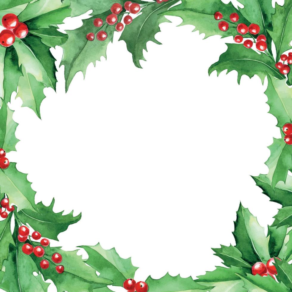 moldura em aquarela com folhas de azevinho festivo. moldura quadrada com folhas verdes de azevinho e frutas vermelhas, inscrição feliz natal. cartão de Natal vetor