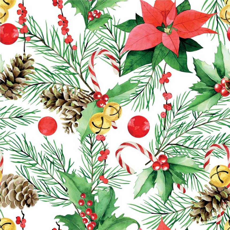 aquarela sem costura padrão sobre o tema do natal, ano novo. impressão vintage com ramos de abeto, poinzeta, pinhas, doces em um fundo branco vetor