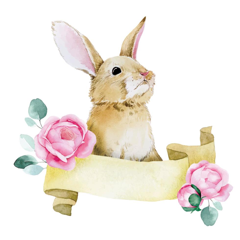 ilustração em aquarela. lindo coelhinho da páscoa com flores. decoração para cartão coelhinho da páscoa com flores da primavera, lugar para texto vetor