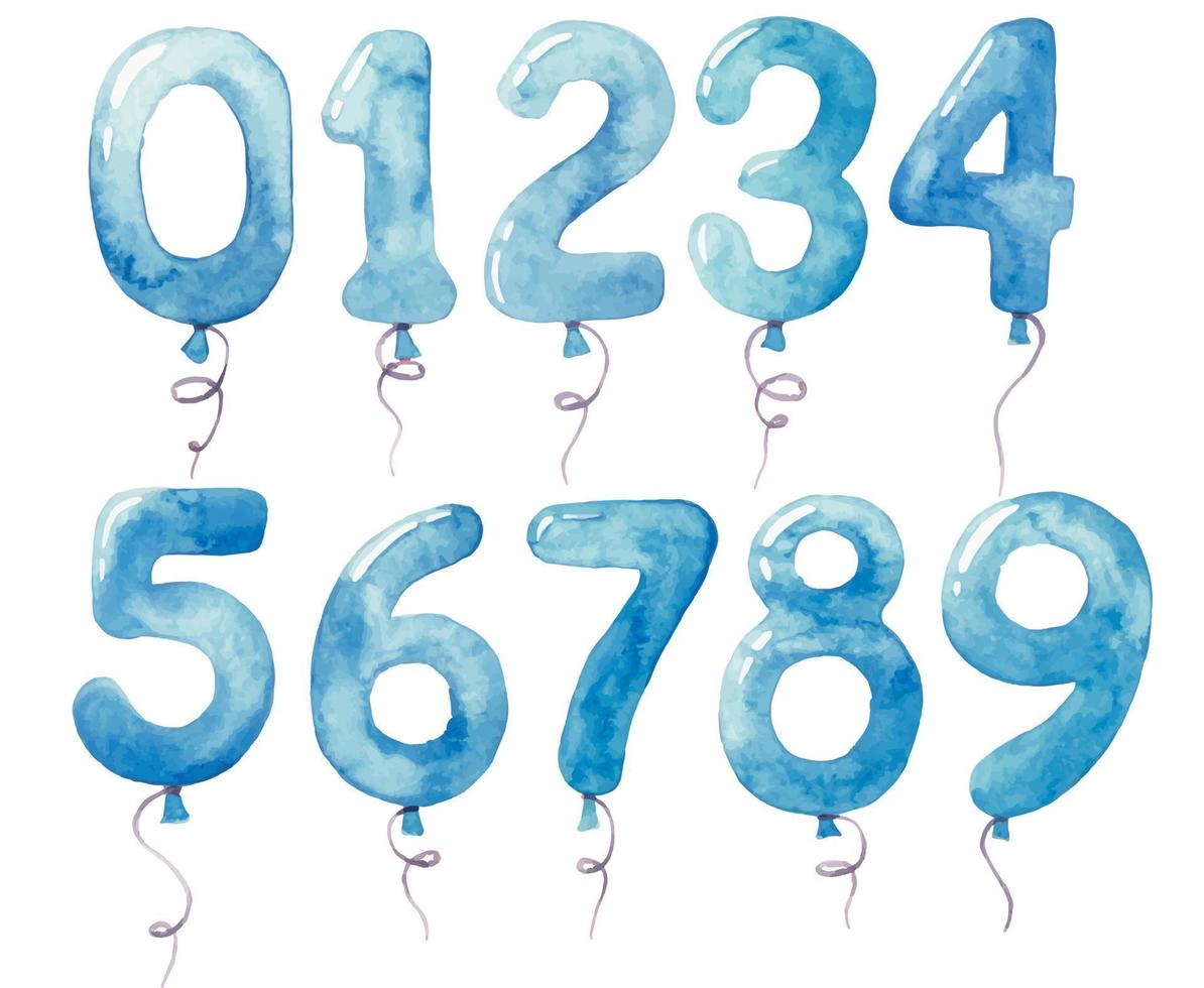 desenho em aquarela. conjunto de balões com números. coleção de balões festivos na cor azul para o aniversário. clipart para meninas. vetor