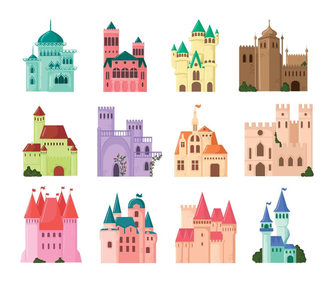 conjunto de castelos de conto de fadas para princesas vetor