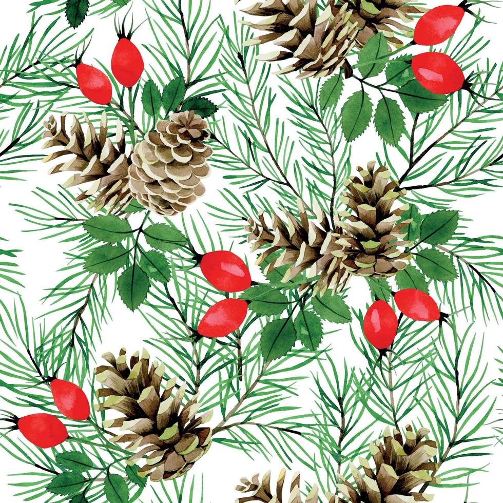 aquarela sem costura padrão com ramos de abeto, cones e bagas vermelhas de rosa selvagem, árvore de natal isolada no fundo branco. ano novo, impressão de natal. vetor