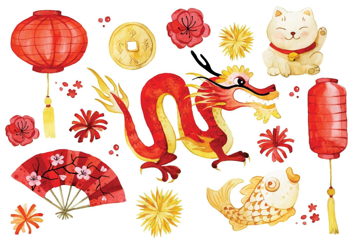 desenho em aquarela. conjunto de clipart de ano novo chinês. desenhos de dragão chinês fofo, lanternas, fogos de artifício na cor vermelha e dourada vetor