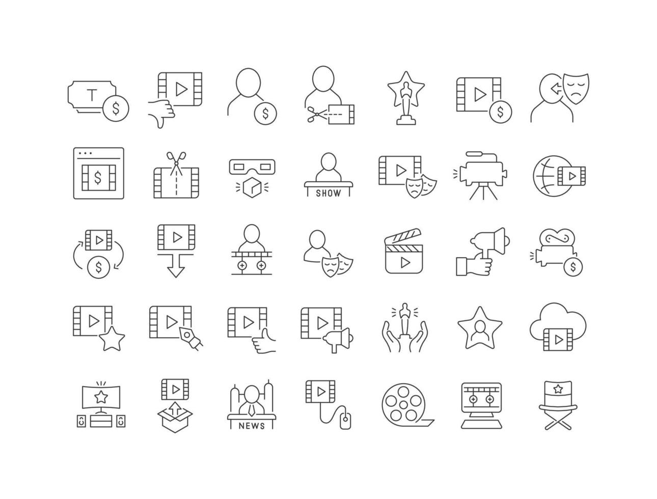 conjunto de ícones lineares de negócios de cinema vetor