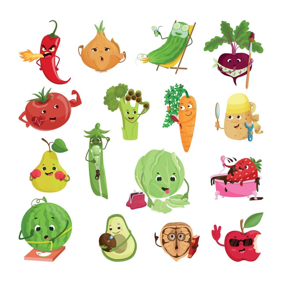 ilustração em quadrinhos com frutas e legumes vetor