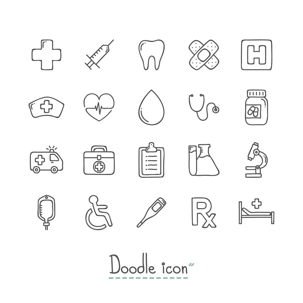 Doodle conjunto de ícones médicos vetor