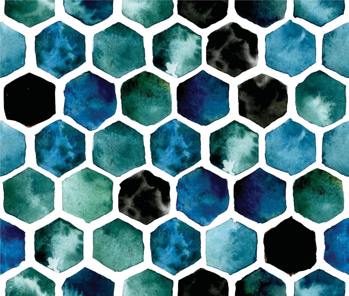 padrão de aquarela abstrato com favos de mel coloridos. hexágonos em azul e verde, índigo e ultramarino em um fundo branco. imprimir azulejos, marrocos vetor