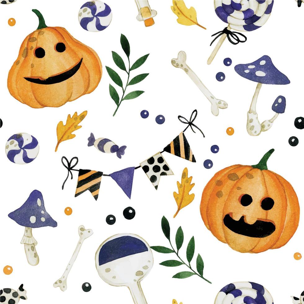 aquarela sem costura padrão sobre o tema do halloween. estampa infantil com fofos cogumelos abóboras e bombons laranja e roxo. sem fundo branco vetor